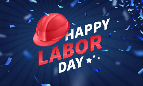 股票矢量插画快乐劳动节文字横幅, 美国爱国广场孤立在蓝色背景上.