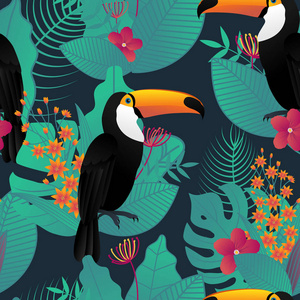 无缝图案与巨嘴鸟和热带树叶和花在深绿色背景印刷和网站设计壁纸和纺织织物印刷。 矢量图。