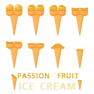 华夫饼锥上天然激情水果冰淇淋的矢量插图。 冰淇淋图案由甜的冷冰淇淋美味的冷冻甜点组成。 西番莲的新鲜水果冰淇淋