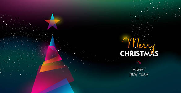 圣诞快乐和新年快乐贺卡的彩色圣诞松树现代霓虹灯颜色梯度。 未来派辉光风格的假日夜晚插图。 eps10载体。