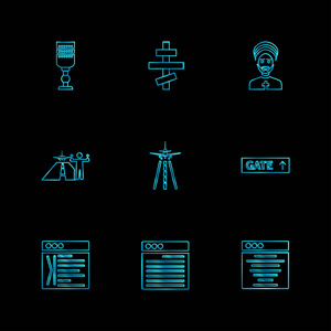 黑色背景各种平面矢量应用图标和旅行图标