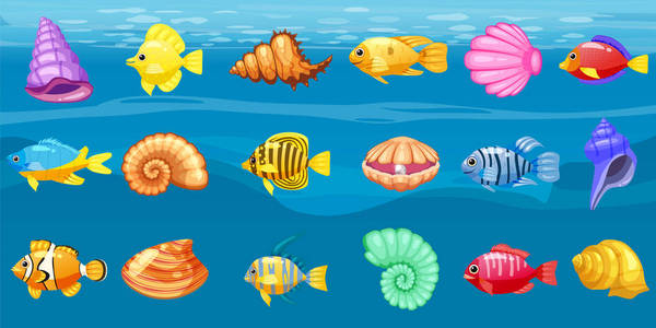 卡通矢量游戏图标与贝壳, 五颜六色的珊瑚礁热带鱼, 珍珠, 背景水下, 为匹配三游戏, 应用白色背景。孤立元素