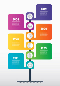 垂直树或时间线信息图形。业务的发展壮大..倾向的时间线..具有6个选项部分步骤或流程的业务概念。