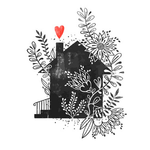 手绘版式海报。矢量插图与黑房子剪影, 花卉元素和心脏。老式卡片与家庭和花