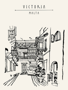 地中海城市景观。 维多利亚戈佐岛马耳他欧洲。 老城区的狭窄小巷。 一个舒适的欧洲城镇的旅行草图。 手绘旅游明信片海报书插图矢量