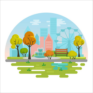城市公共秋季公园矢量插画概念海报具有长凳树木喷泉植物在现代城市背景。秋季公园, 带五颜六色的季节性树木