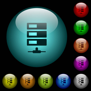 数据网络图标在彩色照明球形玻璃按钮在黑色背景。 可用于黑色或深色模板