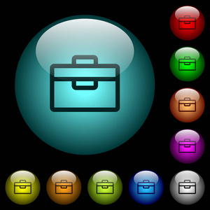 工具箱图标在彩色照明球形玻璃按钮在黑色背景。 可用于黑色或深色模板
