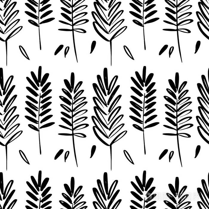 矢量无缝图案的墨画野生植物, 单色植物学插图, 花卉元素, 手绘可重复