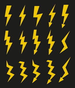 一组图标, 代表黄色闪电, 闪电或黑色背景雷暴。适用于电压电力和电力标志。矢量插图