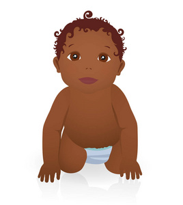 男孩皮肤黑可爱的深色皮肤男孩/女孩坐在地板上穿着尿布.