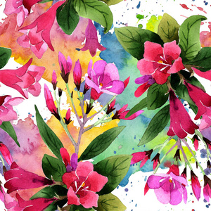 水彩粉红威格拉佛罗里达花卉。 无缝背景图案。 织物壁纸印花纹理。 背景纹理包装图案框架或边框的水花野花。