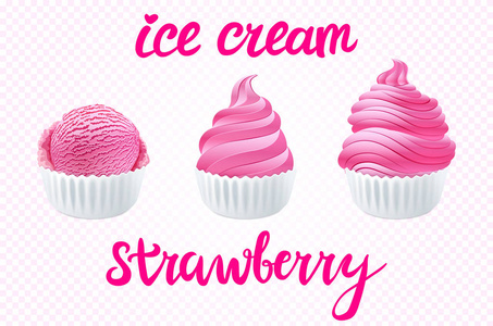 一套粉红色冰淇淋和草莓不同形状的杯子在透明背景刻字手工制作文字艺术