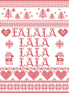 斯堪的纳维亚矢量无缝图案灵感来自北欧文化节日冬季与心雪花星雪圣诞树十字绣
