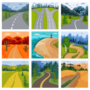 公路道路景观矢量巷道或路边的草地和树木田野土地说明在乡村或海边