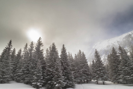 美丽的冬季高山景色与清新的雪雾云