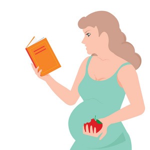 年轻的孕妇正在阅读一本书，吃一个苹果，分离在白色背景下，孕妇角色母亲矢量插图。