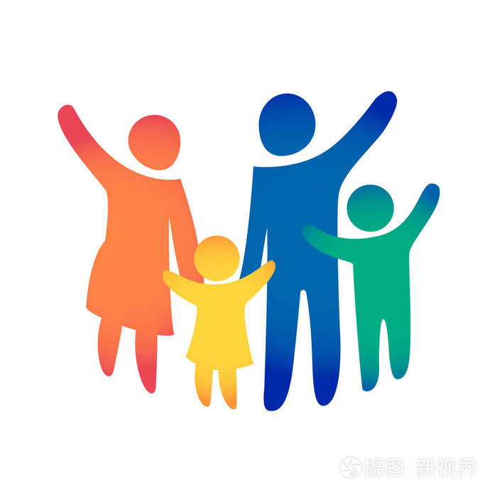 幸福的家庭图标五颜六色的简单数字两个孩子爸爸和妈妈站在一起载体