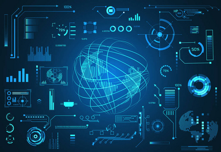 抽象技术UI未来概念世界HUD接口全息图数字数据图表通信计算圈百分比活力创新高科技未来设计背景