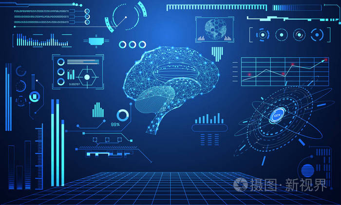 抽象技术科学概念大脑数据健康数字：医学分析的HUD接口元素，医生和高科技未来设计背景的百分比活力创新