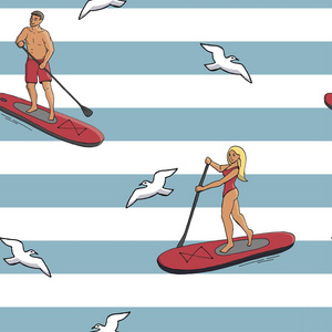 站起来,划桨,登船,冲浪,冲浪,卡通元素,可爱的无缝图案矢量插图,海鸥