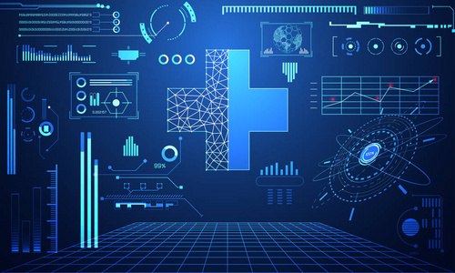 抽象技术科学概念加上数据健康数字医学分析的HUD接口元素医生和高科技未来设计背景的百分比活力创新