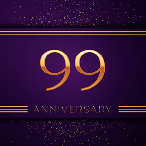 逼真的九十九周年庆典设计横幅。金色的数字和五彩纸屑在紫色的背景。为您的生日聚会提供丰富多彩的矢量模板元素