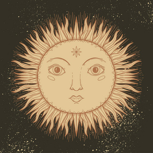 素描图形插图美丽的太阳脸与神秘和神秘的手绘符号. 矢量图.