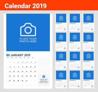 墙日历计划模板2019年。 矢量设计打印模板与位置的照片。 星期天开始