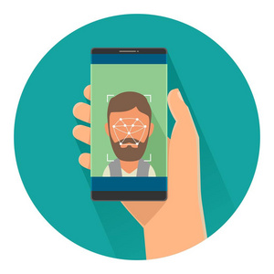 智能激光男性持有智能手机与激光扫描身份证脸访问手机屏幕.