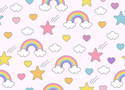 独角兽彩虹糖果等物品无缝图案与浅粉色背景.