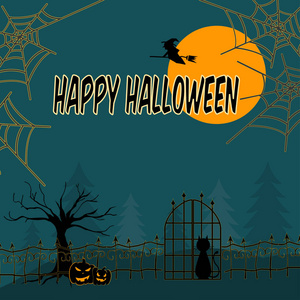 美丽的明信片图片在大自然与栅栏的黑色猫和树木与橙色南瓜和蜘蛛网和一个大月亮在秋天的十月万圣节假期