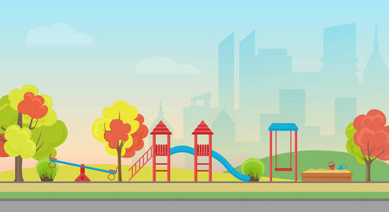 矢量城市公共公园与儿童游乐场娱乐在现代城市摩天大楼背景。秋天公众城市公园以五颜六色的季节性树