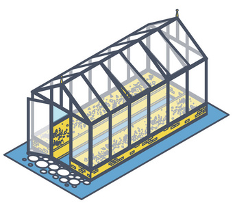 突出的等距温室，玻璃墙，基础，山墙屋顶和花园床。种植蔬菜和花卉的矢量园艺学院。典型的温室栽培方法