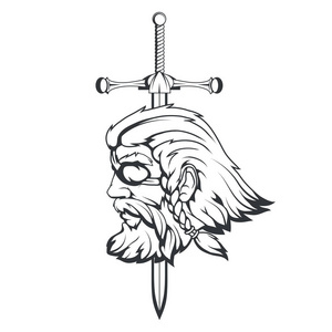 奥丁头的手绘. 卡通胡子男角色. 上帝,奥丁沃坦纹身.