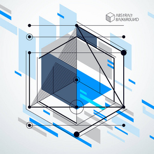 用线和三维立方体创建的蓝色工业系统的矢量绘图。 模板和布局的现代几何构图。