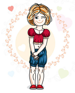 美丽的小红头发女孩摆在五颜六色的背景与浪漫的心。 矢量儿童插图。