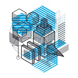 等距抽象背景与线性尺寸形状矢量三维网格元素。 立方体六边形矩形和抽象元素的组成。