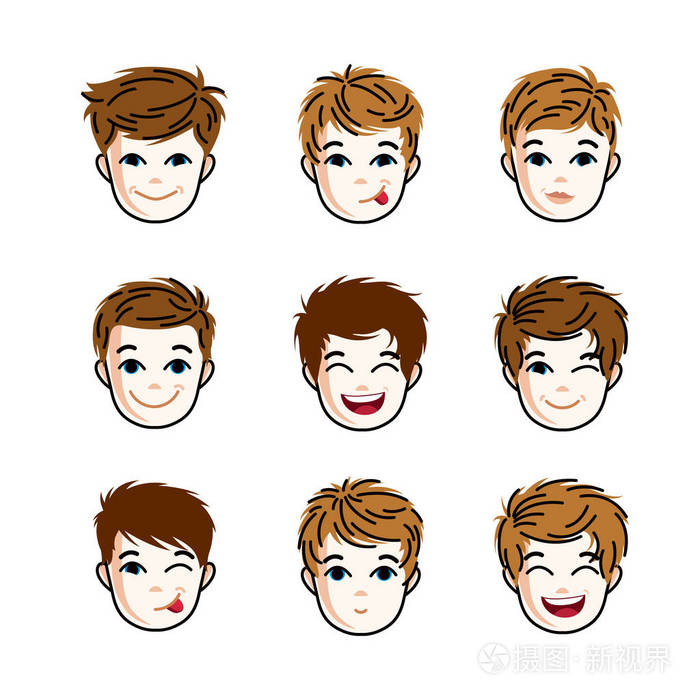 收集男孩的脸,表达情感,并制作一些鬼脸矢量人头插图.