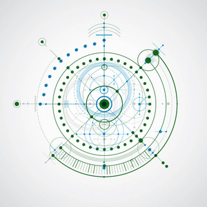 机械方案彩色矢量工程图纸与圆圈和几何部分的机构。 网页设计及墙纸技术计划