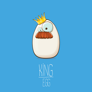 白色蛋国王与冠字符被隔绝在蓝色背景。我的名字是鸡蛋矢量概念插图。时髦的农场食物或复活节国王字符与眼睛和嘴
