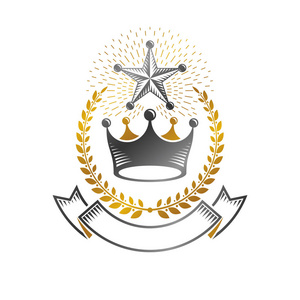 皇家皇冠徽章。 纹章外套的手臂装饰标志孤立矢量插图。 白色背景上的旧式古董标志型