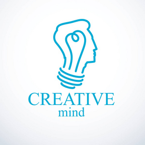 创意脑概念智能人矢量标志。 灯泡形状的人头轮廓。 聪明的思维和头脑风暴的想法图标。