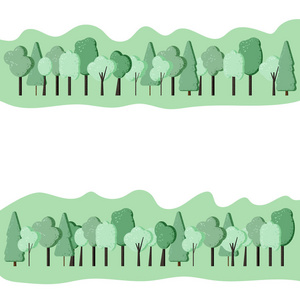 树木组成背景。 平坦的绿色树木边界设计。 卡旗社交媒体网络模板。 矢量图。