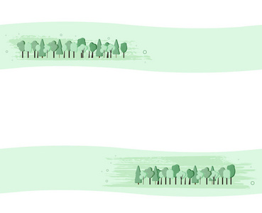 树组成背景，空空间为文本。 平坦的绿色树木与装饰边界设计。 卡旗社交媒体网络模板。 矢量图。