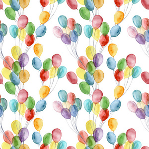 水彩明亮的空气气球无缝图案。手绘插图与彩色空气气球隔离在白色背景。用于设计打印织物或背景