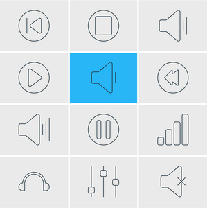 矢量插图12音乐图标线样式。可编辑的静音音量下降向上的声音和其他图标元素的集合