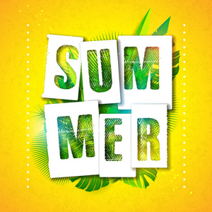 矢量夏日假期排版插图与异国情调的叶子在热带植物背景。横幅传单请柬小册子海报或贺卡的设计模板