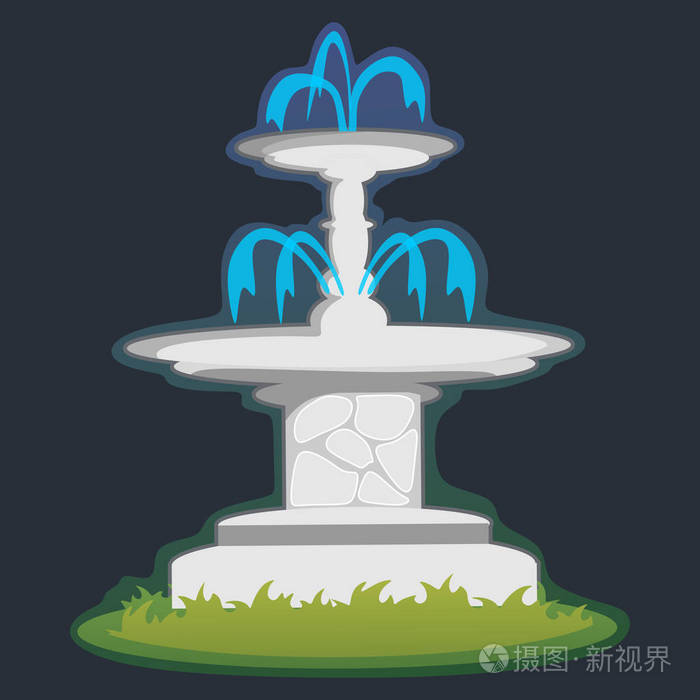 喷泉集部分春夏植物周围花园瀑布,秋天后院装饰石像矢量图插画-正版