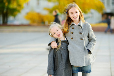 两个可爱的小女孩在美丽的秋天玩得很开心。 快乐的孩子们在秋天公园玩。 收集黄色落叶的孩子。 儿童秋季活动。